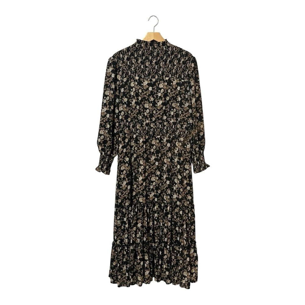 Bliss Floral Long Sleeve Dress Modest Size Large Maxi Black Brown Smocked